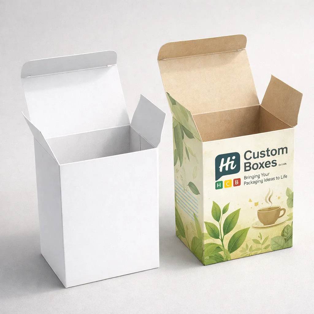 Tuck-end tea boxes shown in plain white and a branded version with green tea leaf illustrations.